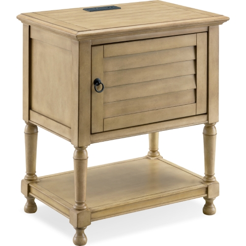 Louvered Door Nightstand Side Table Cabinet w/ Charging in Desert Sand Finish Wood