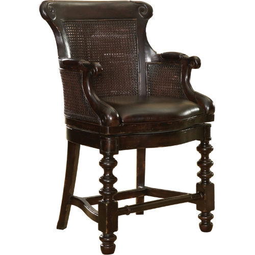 Dunkirk Swivel Counter Stool in Distressed Wood, Cane & Brown Leather