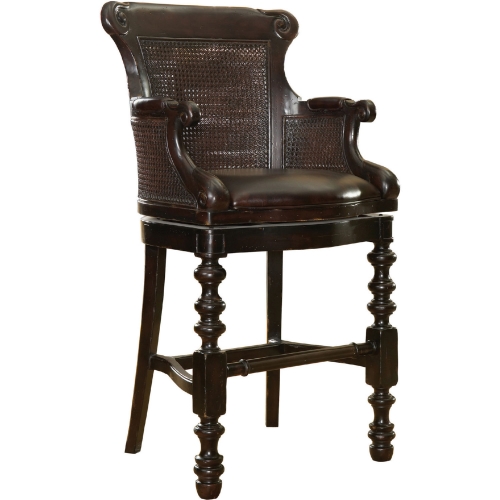 Dunkirk Swivel Bar Stool in Distressed Wood, Cane & Brown Leather