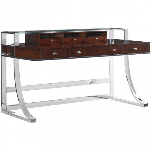 Andrea Writing Desk in Walnut, Polished Stainless & Glass