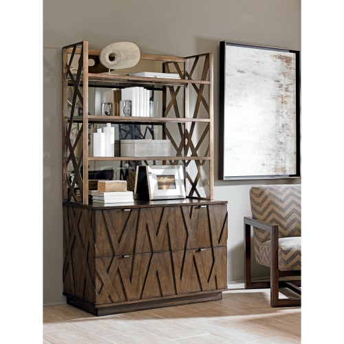 Prism File Cabinet Chest w/ Hutch in Aged Bronze w/ Mirrored Back Panels & Glass Shelves