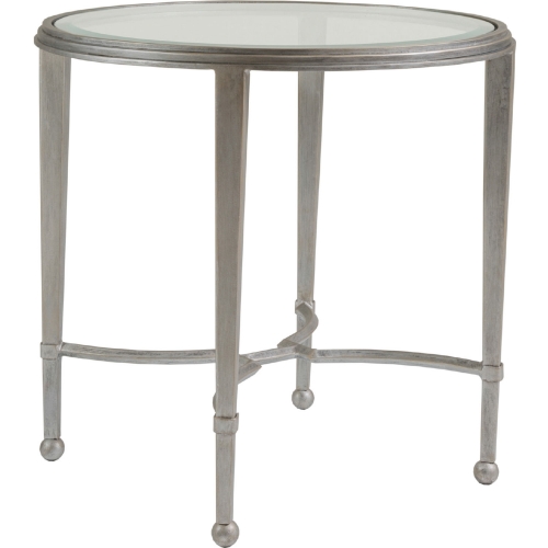 Sangiovese Round End Table in Antique Silver Metal & Glass