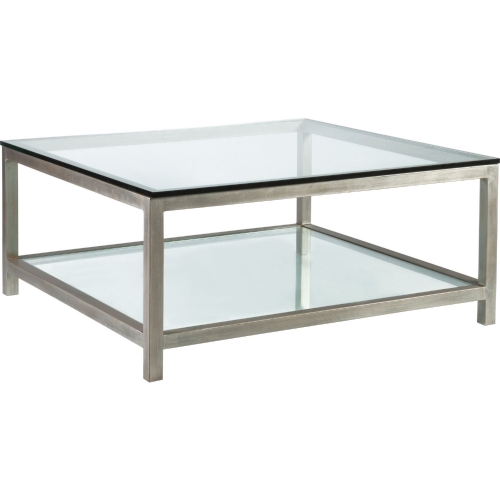 Per Se Square Cocktail Table in Antique Silver Metal & Glass