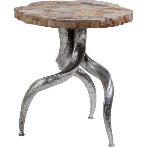 Valance Spot End Table in Veneered Petrified Wood & Silver