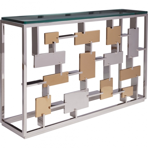 Cityscape Console Table in Stainless Steel, Brass & Glass