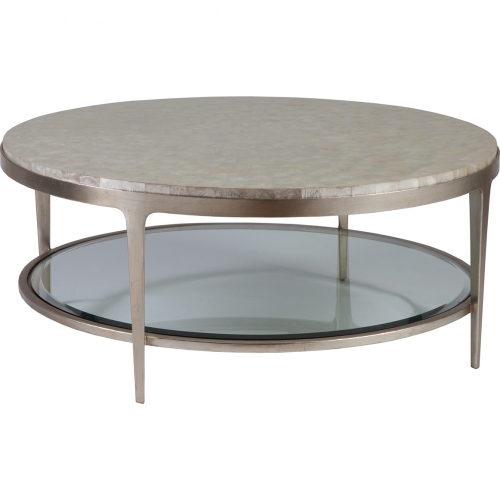 Gravitas Round Cocktail Table in Capiz Shell, Iron & Tempered Glass