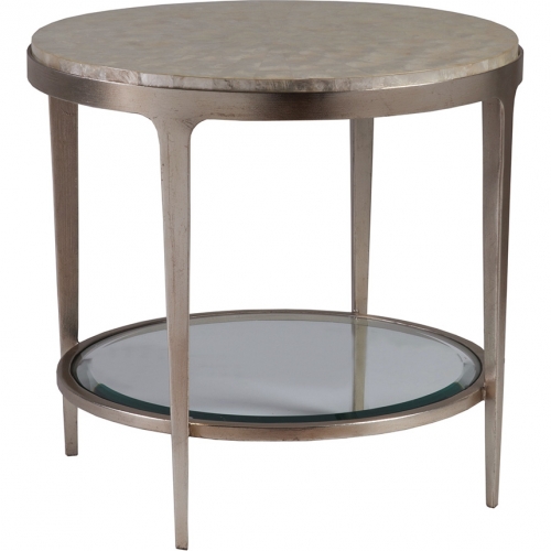 Gravitas Round End Table in Capiz Shell, Iron & Tempered Glass