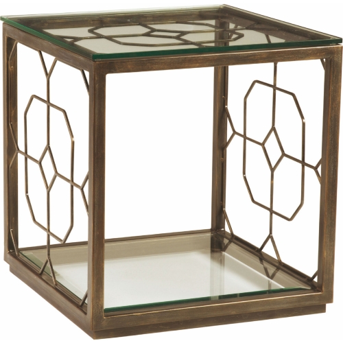 Honeycomb Square End Table in Antique Gold Metal & Glass