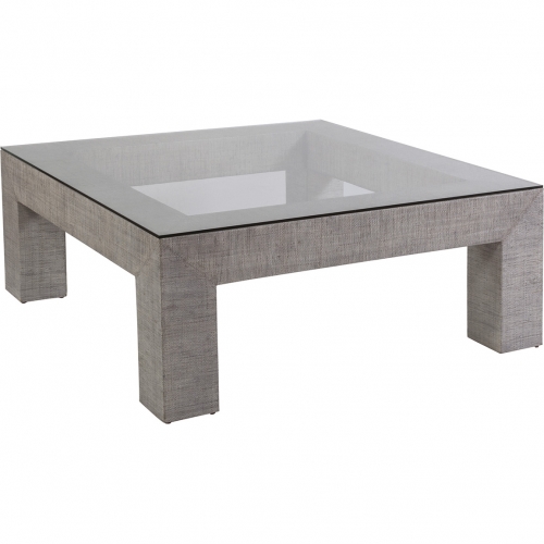 Precept Square Cocktail Table in Gray Raffia & Tempered Glass