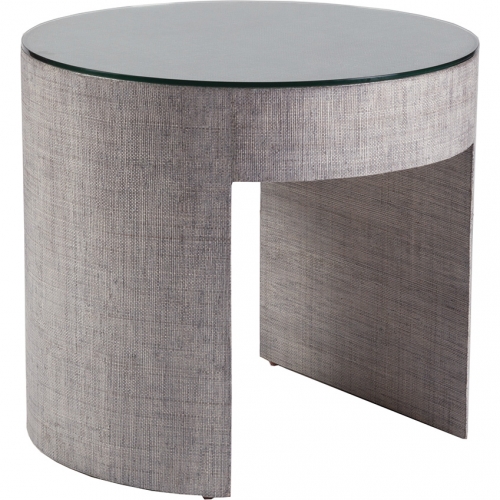 Precept Round End Table in Gray Raffia & Tempered Glass