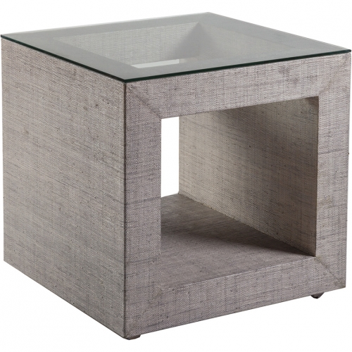 Precept Square End Table in Gray Raffia & Tempered Glass