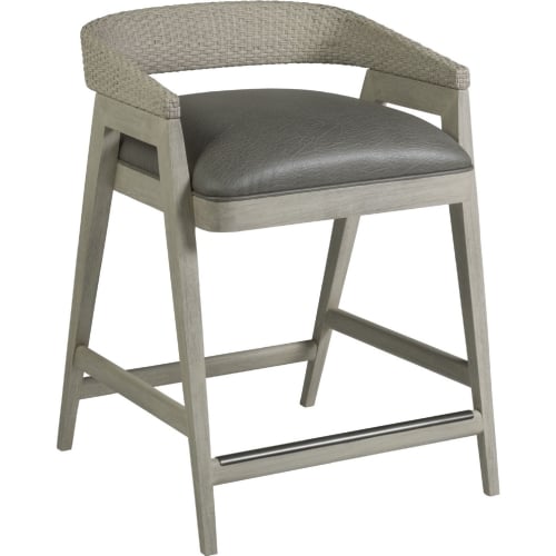 Arne Low Back Counter Stool in White Wood, Cane & Mocha Gray Fabric