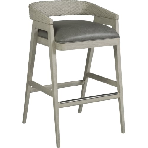 Arne Low Back Bar Stool in White Wood, Cane & Mocha Gray Fabric