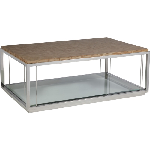 Thatch Cocktail Coffee Table in Rattan, Polished Stainless Steel & Glass