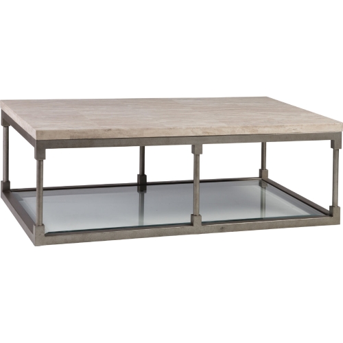 Topa Rectangle Cocktail Table in Sand Travertine, Silver Leaf & Glass