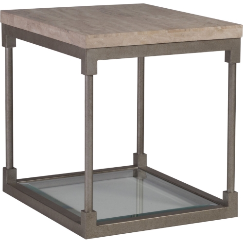 Topa End Table in Sand Travertine, Silver Leaf & Glass