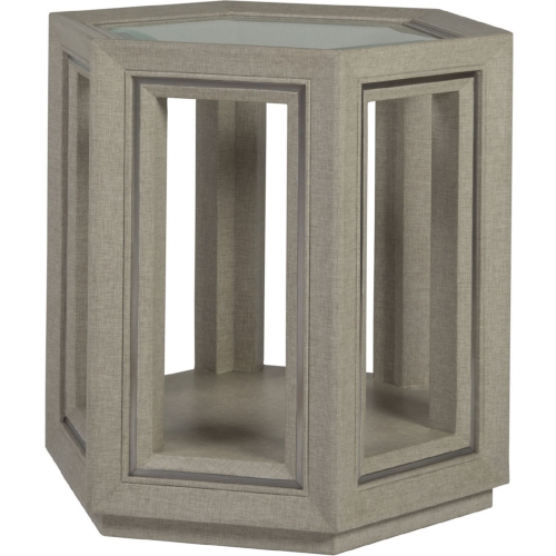 Zeitgeist Hexagonal End Table in Wood, Linen & Tempered Glass