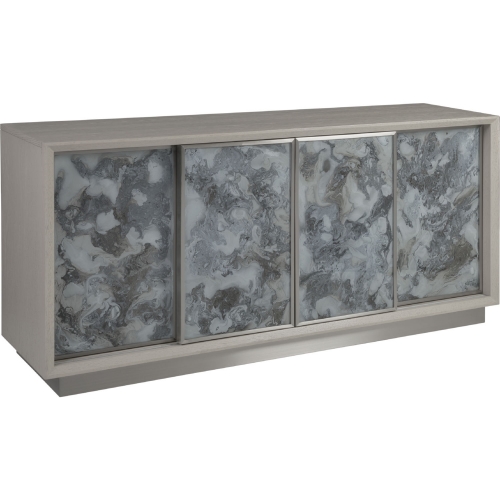 Metaphor Media Console Table in Sandblasted Wood & Painted Glass