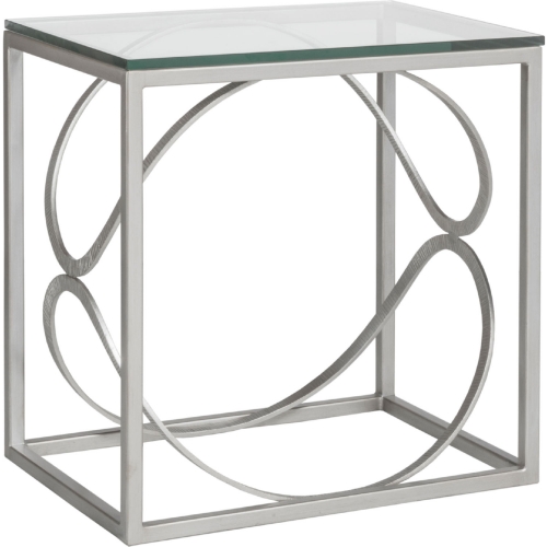 Ellipse End Table in Antique Silver Metal & Glass