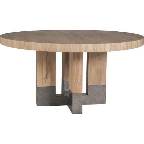 Verite 60" Round Dining Table in Oak Veneer & Distressed Aluminum