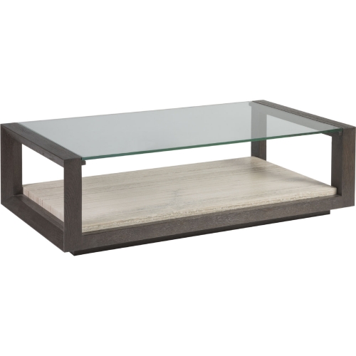 Venerato Cocktail Coffee Table in Mocha Wood, Travertine & Tempered Glass