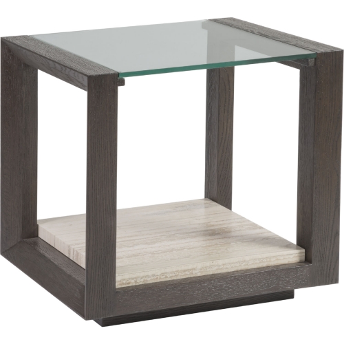 Venerato End Table in Mocha Wood, Travertine & Tempered Glass