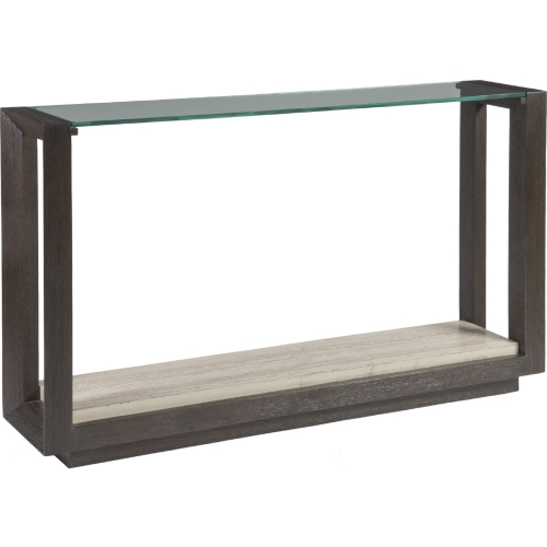 Venerato Console Table in Mocha Wood, Travertine & Tempered Glass