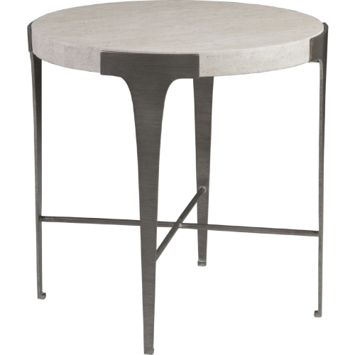 Cachet Round End Table in White Vein Travertine & Silver Leaf