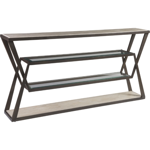 Adamo Cafe Console Table in Travertine, Brown Steel & Glass