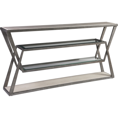 Adamo Console Table in White Vein Travertine, Glass & Silver Gray Steel