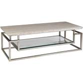 Theo Coffee Table in Chipped Edge White Vein Travertine, Iron & Glass