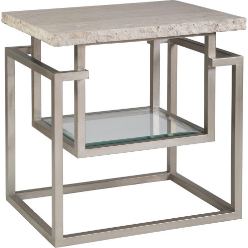 Theo End Side Table in Chipped Edge White Vein Travertine, Iron & Glass