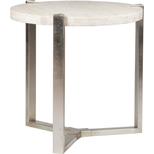 Denizen Round Lamp Side Table in White Travertine & Iron