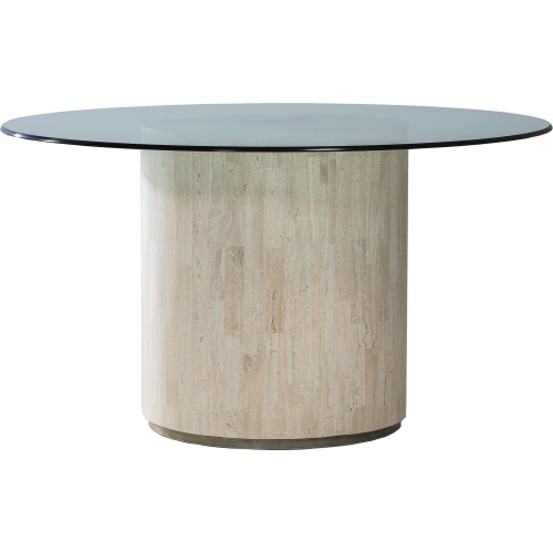 Cassio 60" Round Dining Table in White Vein Travertine, Iron & Glass