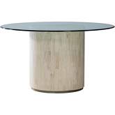 Cassio 60" Round Dining Table in White Vein Travertine, Iron & Glass