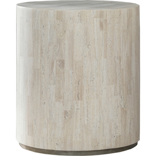 Cassio 18" Round Drum Side Table in White Vein Travertine & Iron