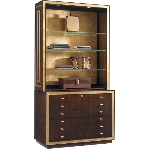 Beverly Palms File Chest w/ Hutch in Walnut w/ Gold Accents