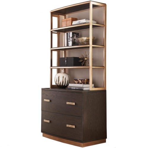 Carson File Chest & Hutch in Brushed Mocha Finish Oak & Warm Silver Leaf