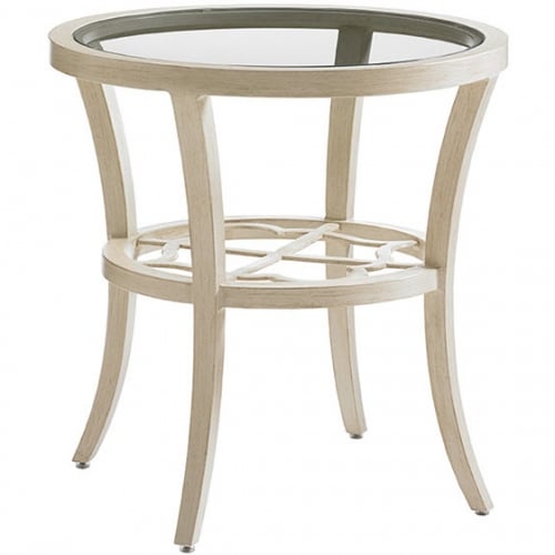 Misty Garden Outdoor Round End Table in Ivory Metal & Glass