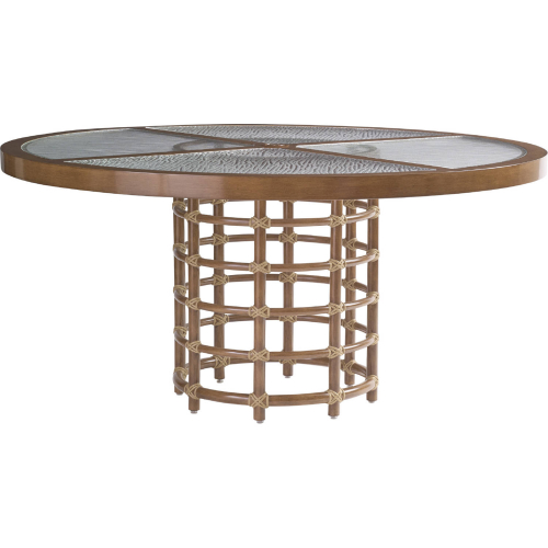 Sandpiper Bay Outdoor 60" Round Dining Table in Wood Look Metal & Wavy Glass