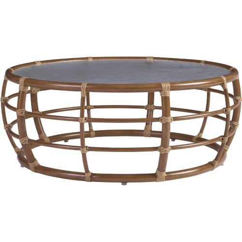 Sandpiper Bay Outdoor 42" Round Cocktail Coffee Table in Wood Look Metal & Wavy Glass