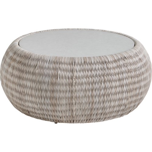 Seabrook Outdoor Round Coffee Table in White Art Glass & Woven Wicker