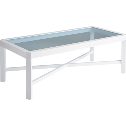 Ocean Breeze Outdoor Cocktail Coffee Table in Tempered Blue Glass & White Metal