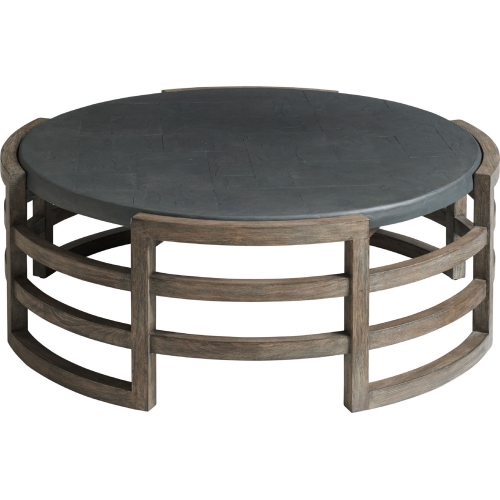 La Jolla Outdoor Round Cocktail Table in Faux Slate & Taupe Gray Teak