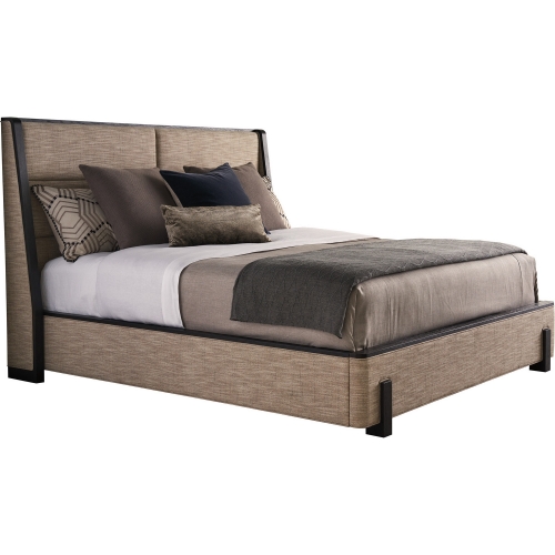 Barcelona King Bed in Dark Wood & Ivory, Taupe & Brown Fabric