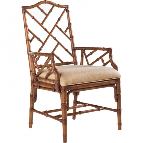 Ceylon Dining Arm Chair in Brown Bamboo & Gold Sand Fabric (Set of 2)