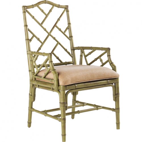 Ceylon Dining Arm Chair in Cilantro Green Bamboo & Gold Sand Fabric (Set of 2)