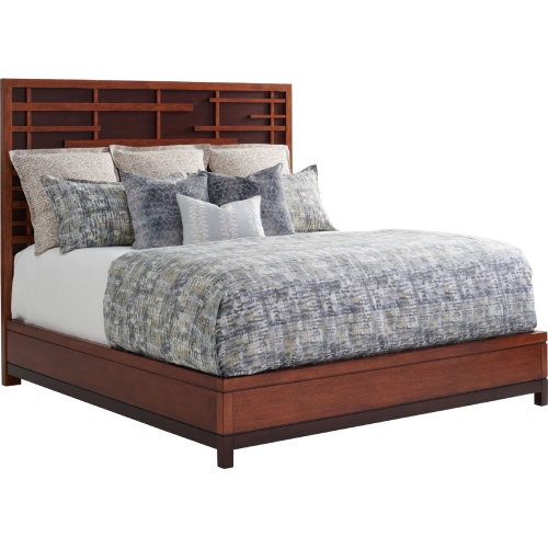 Shanghai Queen Panel Bed in Fretwork Wood & Dark Walnut