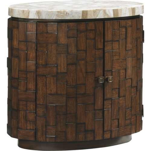 Banyan Oval End Table in Ivory & Taupe Stone & Wood Blocks