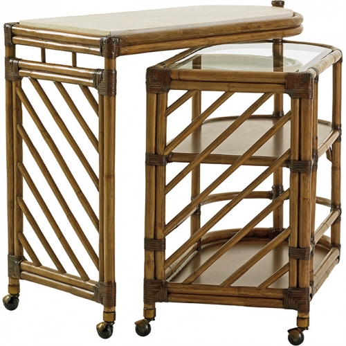 Cable Beach Bar Cart in White Stone, Rattan, Wood & Glass